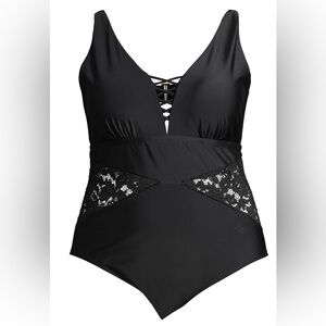 Poolside Glamour: Terra & Sky Black One Piece Swimsuit w: Lace Accents 3X